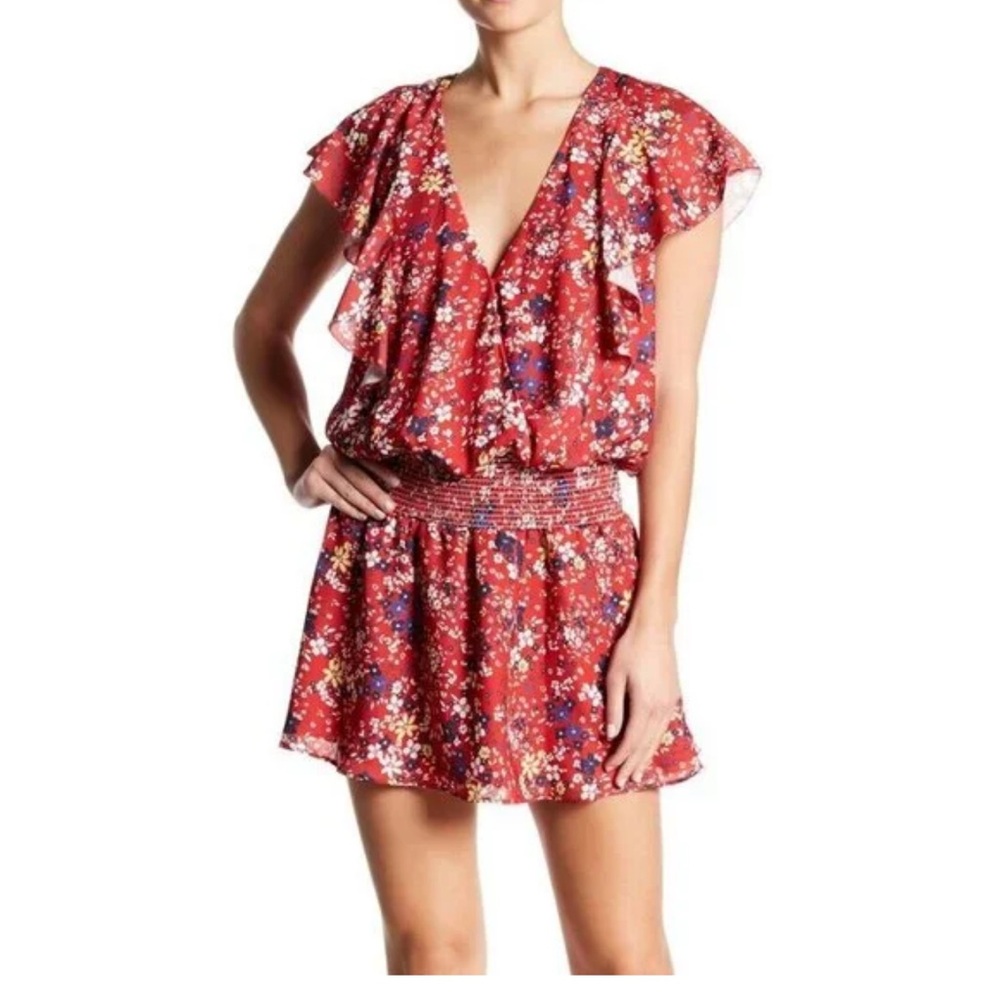 Parker size Small Red Scialla ruffled floral smocked waist‎ mini dress